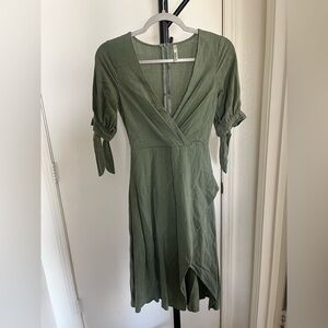 Linen Blend Olive Green Dress- Indikah Brand